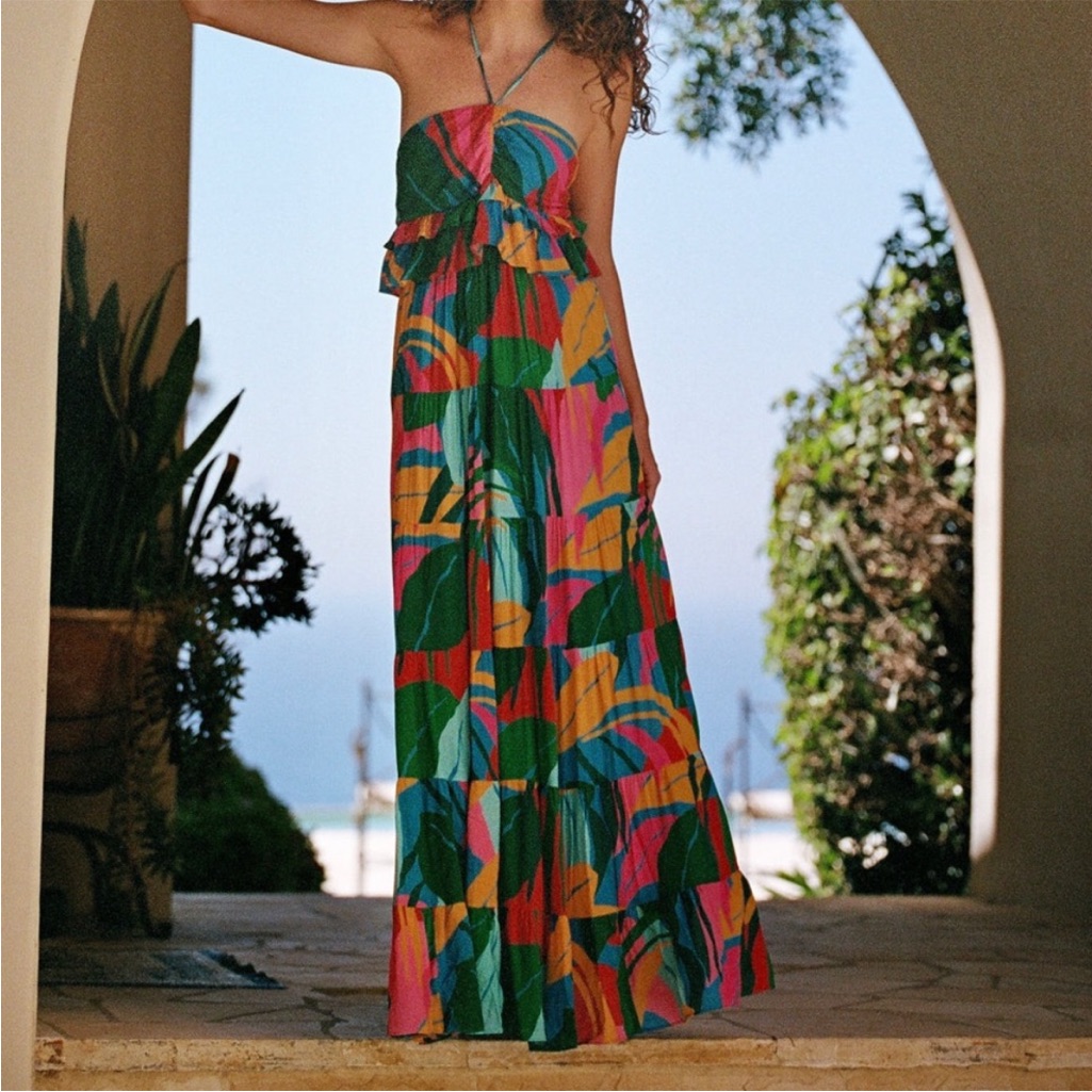 Hutch Anthropologie Multicolor Tropez Ruffle Tiered Halter Maxi Dress Resortwear